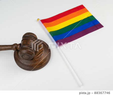 Judge gavel and hand lgbt flag isolated on white background. Judge gavel and hand lgbt flag isolated on white background. 88367746