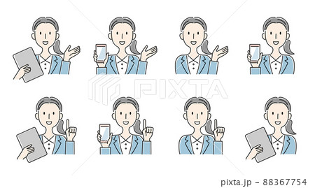 手描き風・スマートフォンやタブレットを持って案内をする女性のベクターイラストセット 88367754