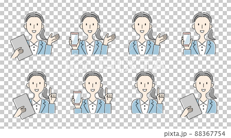 手描き風・スマートフォンやタブレットを持って案内をする女性のベクターイラストセット 88367754