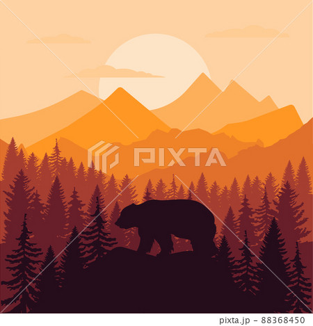vector mountains forest woodland background texture seamless pattern with brown grizzly bear EPS 88368450