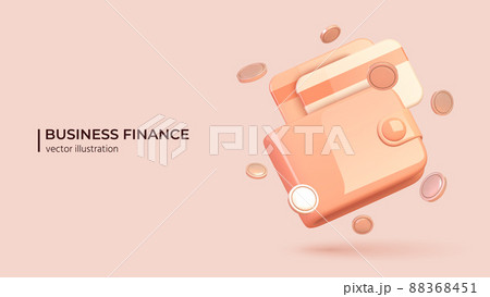 3D render of pink wallet with cards and coins around it. 3D render of pink wallet with cards and coins around it. 88368451