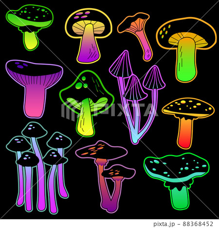 Psychedelic neon mushrooms set. Collection of colored acid rainbow mushroom hippy style. vector illustration EPS 88368452