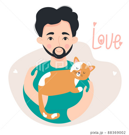 Cute happy man with beard and mustache with sleeping ginger cat. Vector illustration. concept of love for pets. man character in flat style for postcards, design, decoration and covers 88369002
