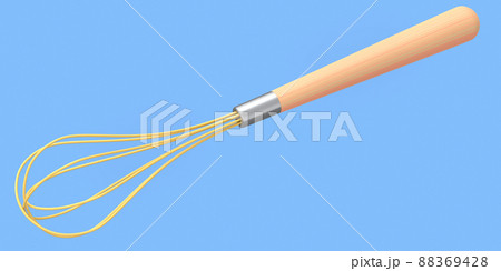Steel whisk with wooden handle for blending isolated on blue background. 88369428