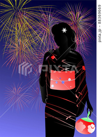花火、女性、着物、シルエット 88369669