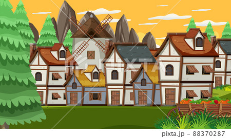 Medieval town scene with sunset 88370287