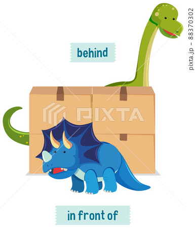 English prepositions with dinosaurs behide and front of boxes 88370302