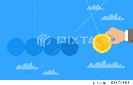 Launching the operation of funds. Activation and distribution of funds, hand hold gold coin, investing money in stock market, income growth or falls, vector cartoon flat financial concept 88370363