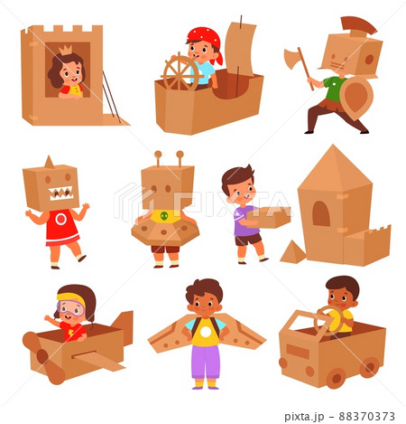 Kids cardboard game. Cute little children play with boxes, build castle, pirate ship and plane, driver in car, imagination development, boys and girls in costume vector cartoon flat set Kids cardboard game. Cute little children play with boxes, build castle, pirate ship and plane, driver in car, imagination development, boys and girls in costume vector cartoon flat set 88370373