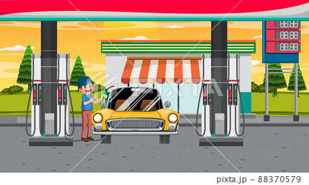 Gas station cartoon scene 88370579
