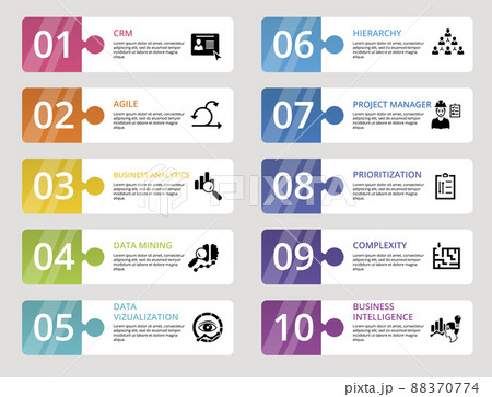 Infographic Business Intelligence icons vector illustration. 10 colored steps info template with editable text. 88370774