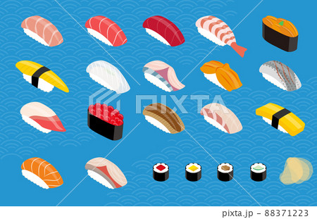 握り寿司と巻きずしの青海波背景のイメージイラスト 88371223