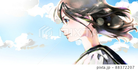 横顔の女学生イラストのカラー、青空背景、左スペースあり 横顔の女学生イラストのカラー、青空背景、左スペースあり 88372207