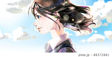 横顔の社会人女性イラスト 無季 青空背景 人物中央のイラスト素材 8721