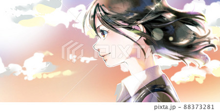 横顔の社会人女性イラスト紫強めの夕焼け背景、左スペースあり 横顔の社会人女性イラスト紫強めの夕焼け背景、左スペースあり 88373281