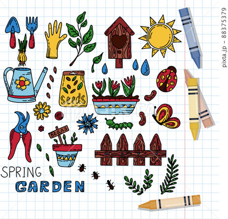 Vector gardening doodle set. Cartoon hand drawn isolated design horticulture elements. Spring set for gardening and floriculture. Sketch of a nerd hobby icon Vector gardening doodle set. Cartoon hand drawn isolated design horticulture elements. Spring set for gardening and floriculture. Sketch of a nerd hobby icon 88375379