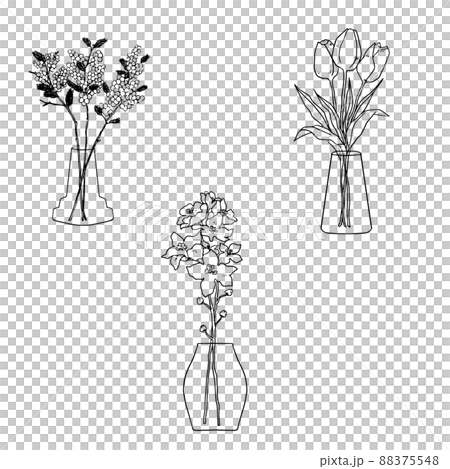 手描き線画の花瓶に入った花のイラスト・インテリア・アイコンセット