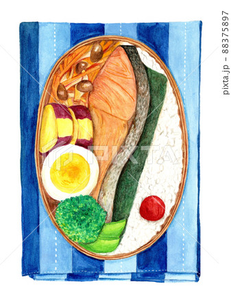 手描き水彩の美味しそうな焼き鮭弁当のイラスト 88375897