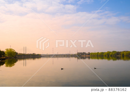 （埼玉県）朝焼けの空と彩湖の絶景・戸田市 88376162