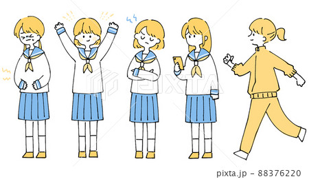 人物イラストセット_女子高生_ツートンカラー 88376220