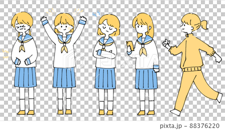 人物イラストセット_女子高生_ツートンカラー 88376220
