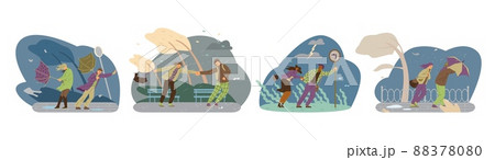 Storm weather vector illustration. People fight with strong wind, autumn rain weather. Tree is blown away. Storm weather vector illustration. People fight with strong wind, autumn rain weather. Tree is blown away. 88378080