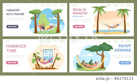 Person relax in hammock flat vector set. Man in hammock at the beach with cocktail and coconut palm trees. 88378123