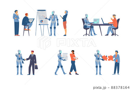 Robot works in the office together with people, flat vector illustration isolated on white background. 88378164