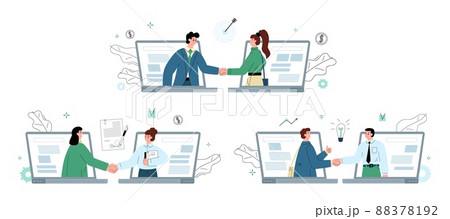 Men and women shake hands online through opened laptops. Partnership and teamwork on the Internet, messengers and chats. 88378192