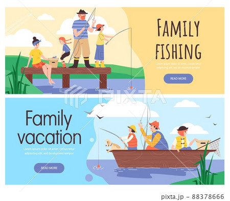 Family fishing and summer vacation website banners, flat vector illustration. 88378666