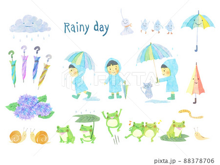 梅雨の雨の日の手描き風イラストセット 88378706