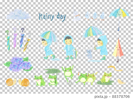 梅雨の雨の日の手描き風イラストセット 88378706