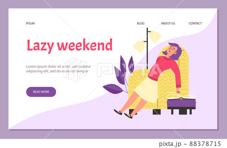 Lazy weekend website with woman sleeping in armchair, flat vector illustration. Lazy weekend website with woman sleeping in armchair, flat vector illustration. 88378715