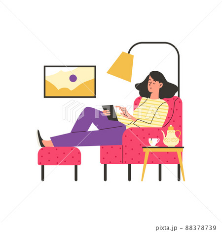 Woman enjoying comfortable stay at home flat vector illustration isolated. Woman enjoying comfortable stay at home flat vector illustration isolated. 88378739
