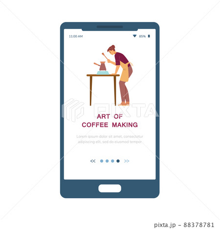 Onboarding mobile page with barista making coffee flat vector illustration. Onboarding mobile page with barista making coffee flat vector illustration. 88378781