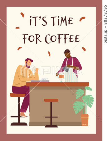 Coffee poster or flyer with cafe client and barista, flat vector illustration. Coffee poster or flyer with cafe client and barista, flat vector illustration. 88378795
