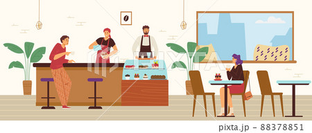 Cozy modern coffee shop with customers and barista, flat vector illustration. 88378851