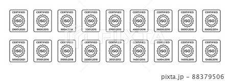 Certified ISO symbol. Standardization in the field of information security, quality management systems, as well as labor protection and others. Set of linear icons. Vector illustration. 88379506