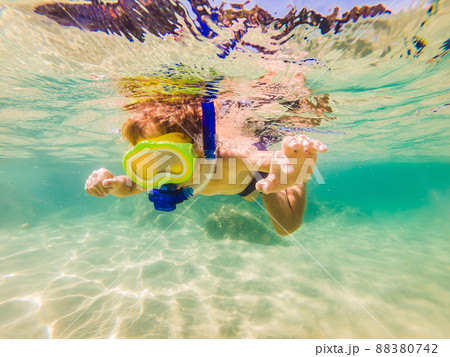 Underwater nature study, boy snorkeling in clear blue sea Underwater nature study, boy snorkeling in clear blue sea 88380742