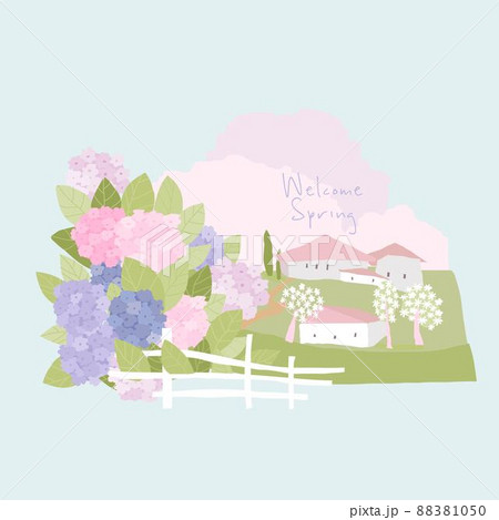 Cute Cartoon Rustic Landscape with Colorful Hydrangea 88381050