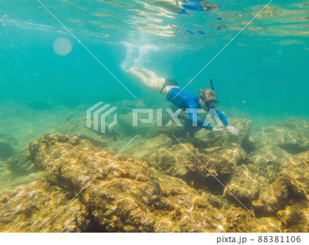 Happy young woman swimming underwater in the tropical ocean Happy young woman swimming underwater in the tropical ocean 88381106