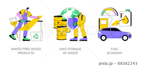 Green solutions abstract concept vector illustration set. Waste-free wood products, safe storage of waste, fuel economy, zero waste products, sorting and recycling, electric car abstract metaphor. Green solutions abstract concept vector illustration set. Waste-free wood products, safe storage of waste, fuel economy, zero waste products, sorting and recycling, electric car abstract metaphor. 88382243