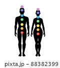 Seven chakra system in human body, infographic with male and female silhouette, standing man & woman, vector illustration 88382399