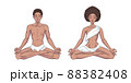 Young meditating man and woman in lotus pose isolated on white background. Black African American yogis. Vector illustration 88382408
