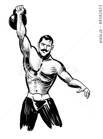 Athlete lifting weight. Ink black and white drawing 88382833