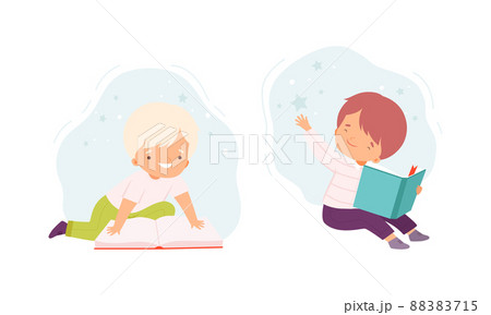 Cute boys sitting on floor and reading books set cartoon vector illustration 88383715