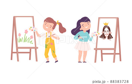 Cute happy girls painting with brush on easel set cartoon vector illustration 88383728