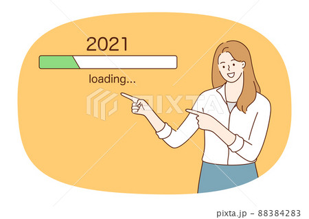Smiling woman point at line with year loading  88384283