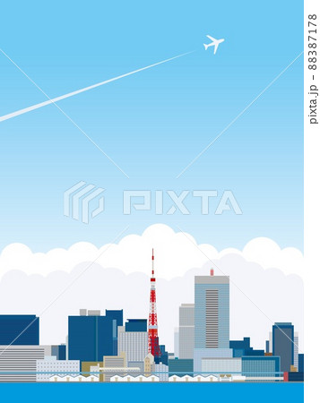 東京 東京タワー 飛行機 入道雲のイラスト素材 7178