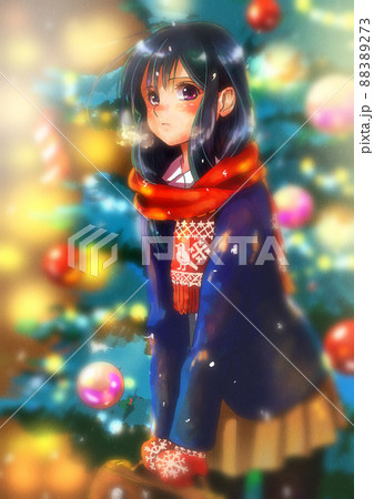 クリスマスツリーの前に立つ制服の女の子のイラスト 88389273